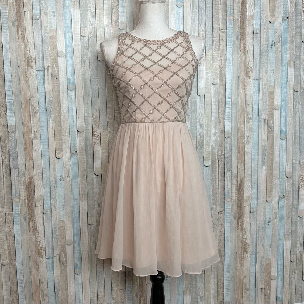 Adrianna Papell‎ 2 Blush Embellished Beaded Bodice Chiffon Flared Dress Bhldn